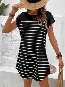 SHEIN Frenchy Striped Print Botton Short Batwing Sleeve Tee Dress,Black Dress For Women - Black - View 4