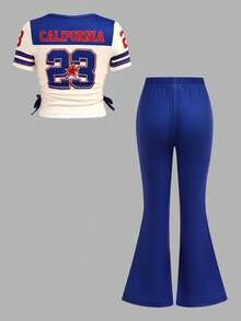 SHEIN 2pcs/Set Young Girl Casual Cute Jersey Letter Print Blue & White Top Tee And Flared Pants Outfit - Blue and White - View 2