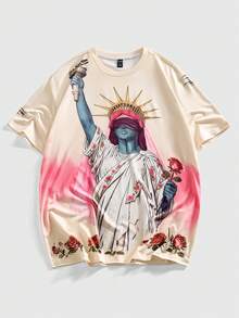 ROMWE MEN 男士休闲街头雕塑印花圆领短袖T恤，夏季 - 杏色 - 查看 1