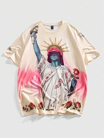 ROMWE MEN Men's Casual Street Sculpture Print Round Neck Short Sleeve T-Shirt, Summer