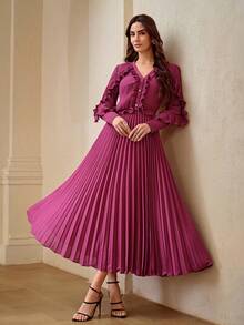 ZEYLAH V-Neck Long Sleeve Ruffle Pleated Midi Dress - Purple - View 6