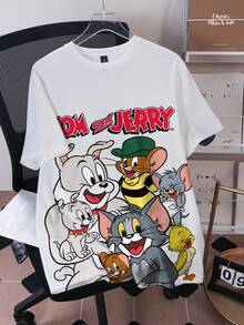 TOM & JERRY X SHEIN 男士休闲街头通勤趣味可爱卡通字母印花短袖T恤，夏季 - 白色 - 查看 1