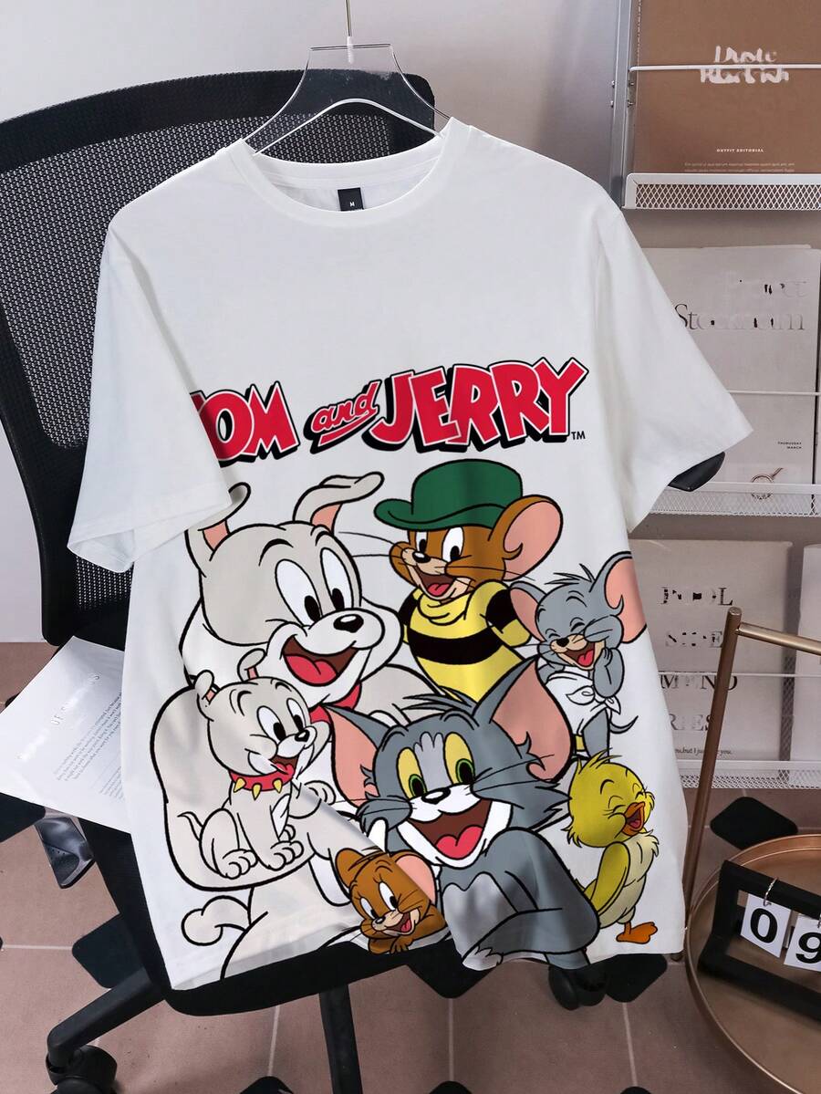 TOM & JERRY X SHEIN 男士休闲街头通勤趣味可爱卡通字母印花短袖T恤，夏季 - 白色 - 查看 1