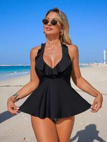 Swim Lushoire 2pcs Mature Ruffled Collar Tankini Top & Leopard Print Triangle Bottoms Swimsuit Set - Multicolor - View 6