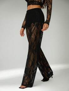 SHEIN Tall Pantalones largos de encaje transparente de unicolor para mujer, pantalones de moda, atuendos de vacaciones para mujer, pantalones transparentes de encaje, conjunto de encaje para mujer, atuendos de vacaciones para mujer - Negro - Ver 6