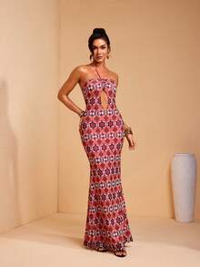 JIAN LASALA Rochie maxi mulată cu imprimeu integral din plasă, decolteu halter, fără mâneci, bustier, decupat, pentru femei - Multicolor - Vizualizare 6