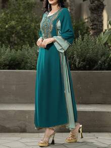 Layrah Chiffon Contrast Color Handmade Rhinestone Decorated Arabian Robe With Headscarf Formal Elegant Party Uxury Evening Dresses Wedding Party Dress Turquoise Teal Dresses For Women - Multicolor - View 7