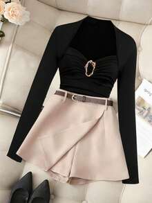 GlowEve New Elegant French Style Fashion Suit, Pleated Square Neck Flattering Bust, Slim Fit Long Sleeve T-Shirt + Elastic Waist Asymmetric Hem Skort, Casual Sexy Versatile Women 2-Piece Set - Multicolor - View 8