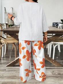 Weeklong Plus Size 2-Piece Set: Solid Color Shirt & Floral Print Pants, Casual Holiday Style - Multicolor - View 2