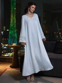 Layrah 优雅奢华的V领串珠喇叭袖连衣裙，春夏款 - 藍色 - 查看 7