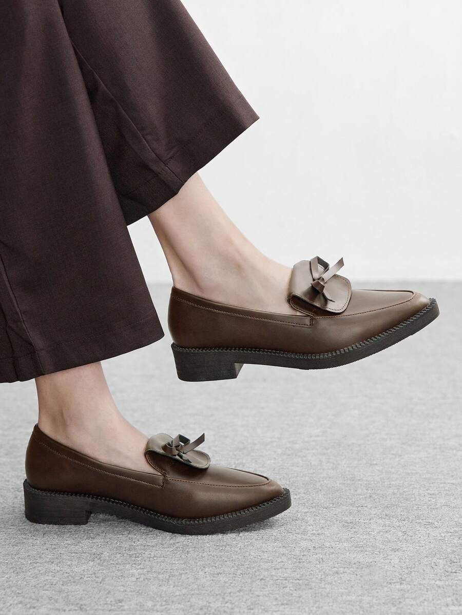 CUCCOO BIZCHIC Women's Brown Pointed Toe Loafers With Bow Decor, Comfortable Slip-On Thick Sole Casual/Work Shoes Valentine's Day - Coffee Brown - View 1