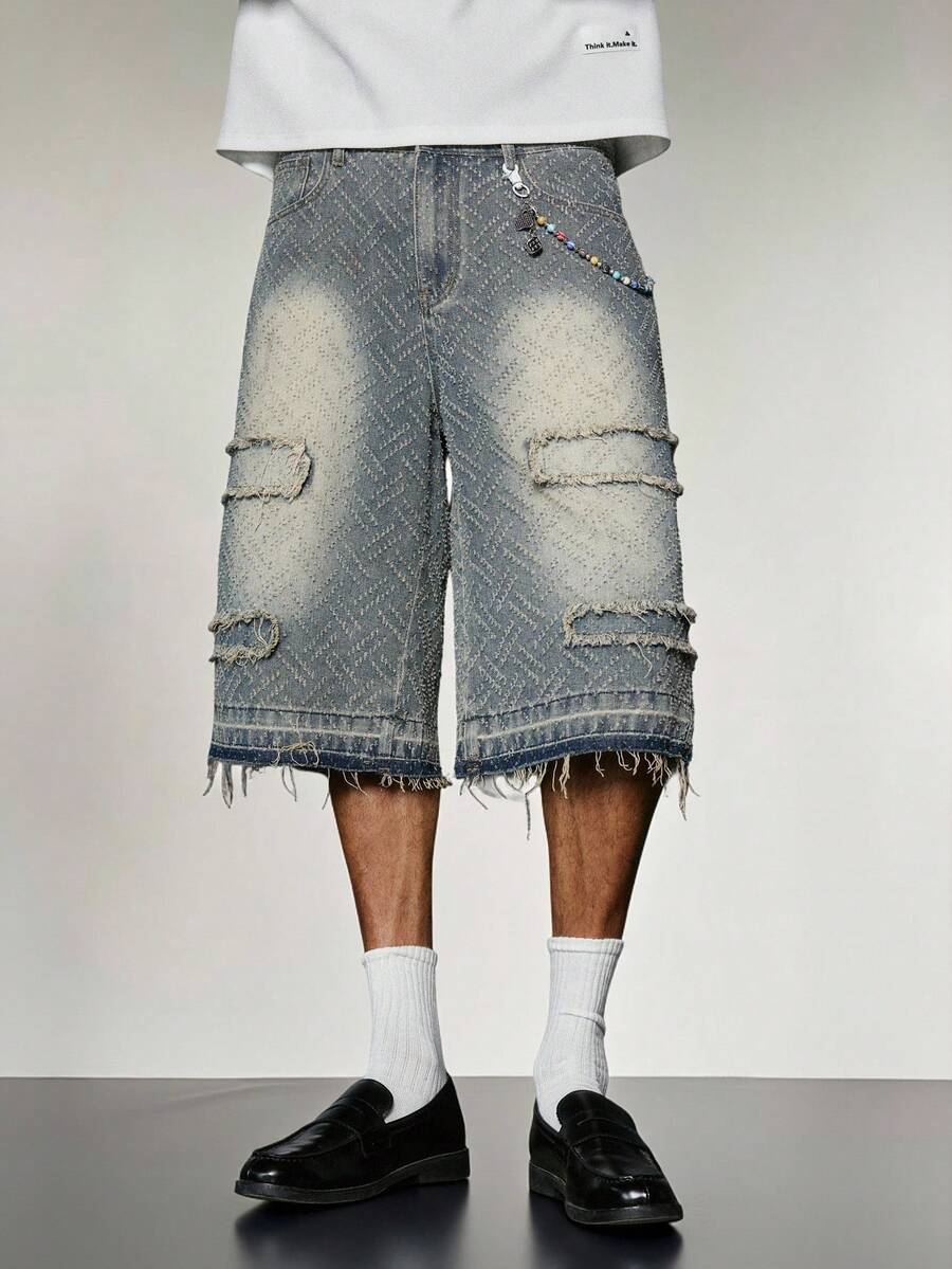 PAVTROS 男士复古提花牛仔宽松阔腿短裤，街头风，夏季男士颓废风服装，男士休闲水洗破洞牛仔短裤 - 中等水洗藍 - 查看 1