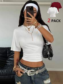 Coolane 女士秋季极简主义Y2K基础日常休闲返校街头风弹力白色宽松褶皱短款T恤黑白两件套 - 酒紅色 - 查看 4