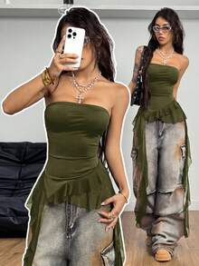 Coolane Women's Summer/Spring Y2K Graphics Contrast Lace Sport Tube Ruffle Mini Skirts - Army Green - View 7