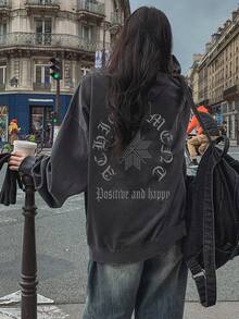 DAZY 复古休闲字母印花宽松百搭圆领女式卫衣 - 深灰色 - 查看 2