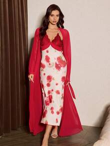 Slumberist 奢华女士睡衣套装，优雅花卉印花荷叶边睡袍，半透明性感睡袍套装 - 酒紅色 - 查看 1