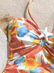 Soleia Women's Vacation Starfish Print Ruched Textured Halter One-Piece Swimsuit - Multicolor - View 4