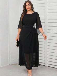 Reflora Elegant Black Plus Size Dress With Round Neck And Long Sleeves Semi Sheer Twist Detail A Line Mermaid Hem Long Length Plain Knitted Fabric For Women - Black - View 11