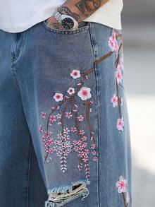 Manfinity LEGND 男女皆宜的做旧刺绣宽松水洗休闲牛仔裤，美式街头风 - 淺色水洗藍 - 查看 6