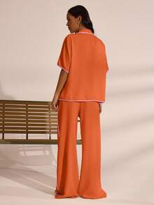 MUSERA 撞色滚边系带宽松亚麻质感衬衫和长裤，春夏度假波西米亚风伊比沙岛优雅海滩可爱冬季套装 - 橘色 - 查看 3