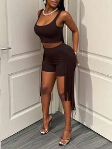 BamGleam Bộ 2 món: Áo tank top thường và quần short tua rua trang trí. - màu nâu - Xem 3