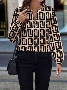 EMERY ROSE Women's Front Zip-Up Retro Geometric Zigzag Striped Print Crew Neck Sweatshirt - White - View 4