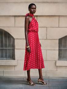 Lumivelle Women's Polka Dot Pleated Front Button Decor Summer Dress Red Polka Dot Dress Pleated Dress - Red - View 5