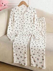 SHEIN Bộ đồ ngủ cho bé gái tuổi teen dễ thương, ngọt ngào, tối giản, nhiều màu sắc, họa tiết nơ, cổ chữ V, tay dài và quần dài, viền bèo nhún, chất liệu mềm mại, thoải mái, 2 món. - Màu be - Xem 3
