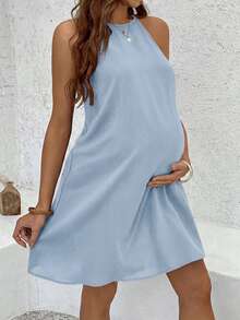 SHEIN Vestido casual de diario de unicolor con cuello halter para maternidad - Celeste - Ver 4