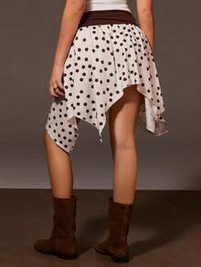 Athîral Women's Brown And White Polka Dot Asymmetrical Skirt,Casual Boho Autumn Vacation Summer Wear,Music Festival Date Party,Elastic Knitted Soft Fabric - Mocha Brown - View 6