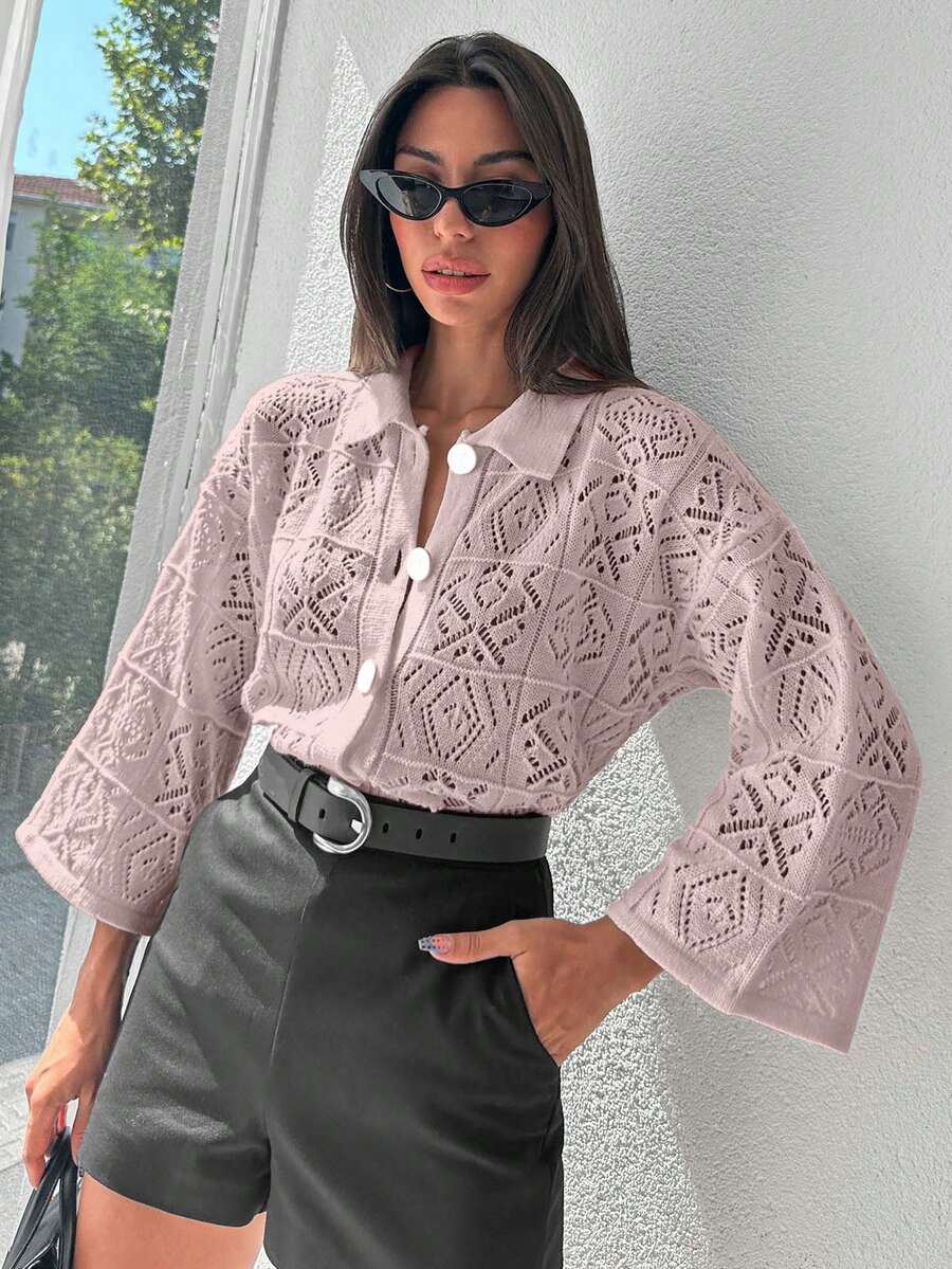 SHEIN Cottnline Women's Solid Color Front Button Hollow-Out 3/4 Sleeve Lightweight Cardigan - Coral Pink - View 1