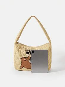 We Bare Bears X SHEIN 女士单肩包，卡通图案，绗缝设计，时尚百搭，个性设计，简约百搭，街头风，甜美酷女孩，性感女孩，大容量，可爱 - 卡其色 - 查看 6