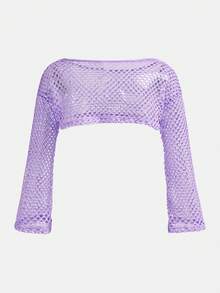 SHEIN Bộ 2 món gồm váy dài cổ tròn màu trơn dáng ôm dành cho bé gái tuổi teen, kiểu dáng thường ngày, kèm áo khoác lưới rộng, thích hợp đi học, phong cách ngọt ngào và cá tính, dạo phố. - Màu tím hoa cà - Xem 14
