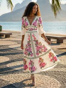 CAJUNI Tropical Vacation Embroidery Flowers Pink Dress - Pink - View 3