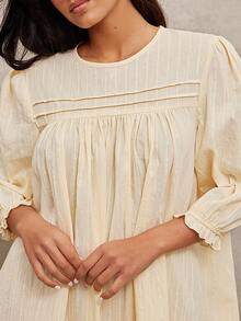 WESTFADE 100% Embroidered Striped Cotton Round Neck Puff Sleeve Pleated Loose Fit Babydoll Mini Dress - Yellow - View 6