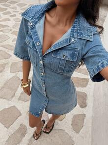 Sunnyshic 女士短袖单排扣口袋休闲牛仔连衣裙 - 淺色水洗藍 - 查看 6