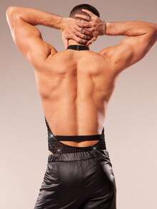 FeverCity 男士性感透视格子网眼水钻装饰镂空露背吊带连体衣