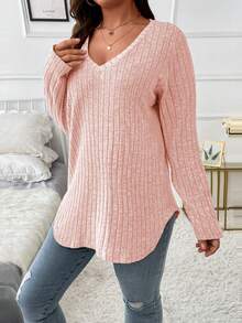 EMERY ROSE 大码女式纯色罗纹针织 V 领宽松长袖休闲 T 恤 - 粉色 - 查看 5