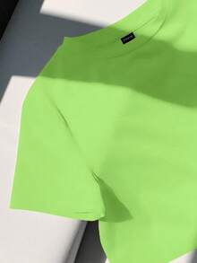 SHEIN EZwear Casual Round Neck Short Sleeve Fitted Women T-Shirt, Green Floral Print Pattern, Suitable For Summer Neon Green Top Cropped Tees - Green - View 4