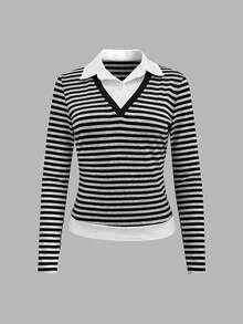 Noixe Women's Striped Print Casual Pullover Long Sleeve Top - Black and White - View 3