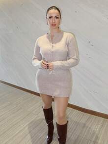 MDEdit 2件套深灰色束腰修身毛衣裙女秋冬装 - 駝色 - 查看 5