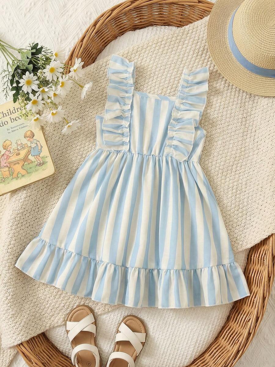 1件女婴可爱甜美田园风时尚休闲浅蓝白竖条纹荷叶边飘逸袖无袖方领A字连衣裙半身裙吊带裙柔软舒适,适合日常穿着、海滩度假、野餐、夏季和春季穿着。 - 藍白色 - 查看 1