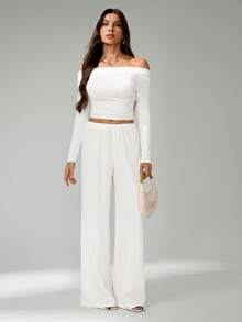 SHEIN Tall Loose Drawstring Waist Trousers In Textured Crinkle Fabric White Wide Leg Pants Women White Linen Pants Women - White - View 8