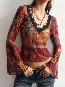 Bohemela Casual Knit Mesh Patchwork Lace V-Neck Flare Sleeve Fitted Cropped Women Top - Mocha Brown - View 6
