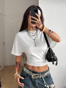 Coolane 女士秋季极简主义Y2K基础日常休闲返校街头风弹力白色宽松褶皱短款T恤黑白两件套 - 藏蓝色 - 查看 7