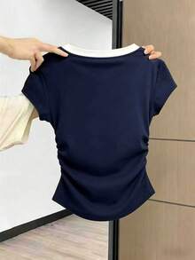 Resyla Camiseta casual de mujer con cuello redondo, manga corta, plisada y bordado de caballero - Azul Marino - Ver 2