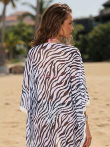 SHEIN Swim Summer Women's Zebra Stripe Sheer Lace Cover Up Carnival - Black and White - View 2