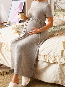 SHEIN Abito premaman a tinta unita con collo rotondo, decorazione con fiocco, semplice e comodo, a maniche corte