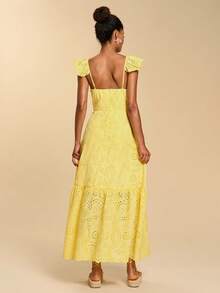 Travachic Women's Hollow Embroidery Romantic Vacation Cap Sleeve Dress - Yellow - View 2