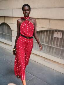 Lumivelle Women's Polka Dot Pleated Front Button Decor Summer Dress Red Polka Dot Dress Pleated Dress - Red - View 6